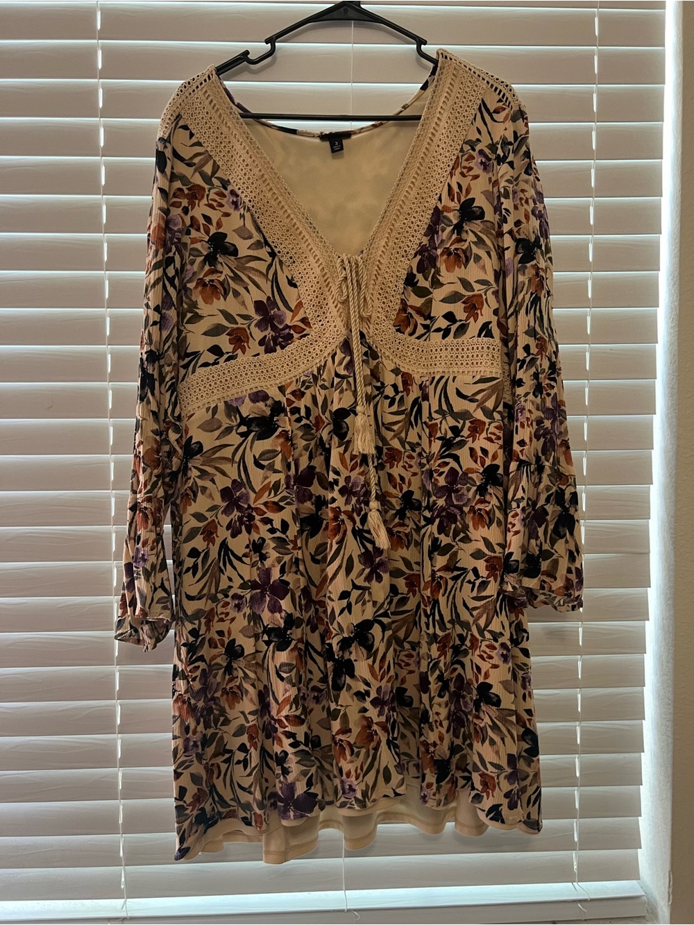 Torrid Boho Crochet-Trim Floral Long Sleeve Dress in Cream